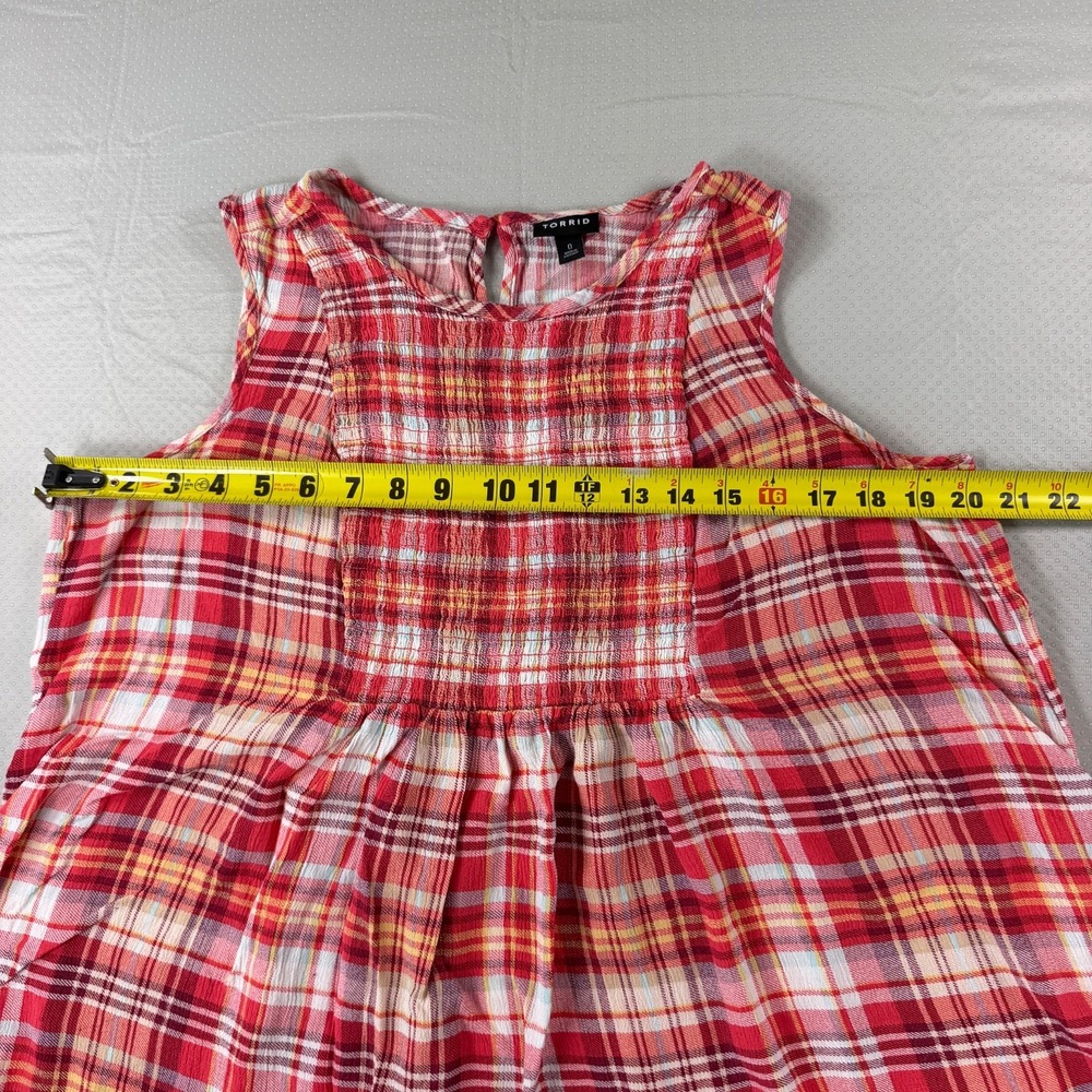 Torrid Sleeveless Smocked Babydoll Top Womens 0 L XL Plaid Red Yellow Gauze Cami - Picture 4 of 9